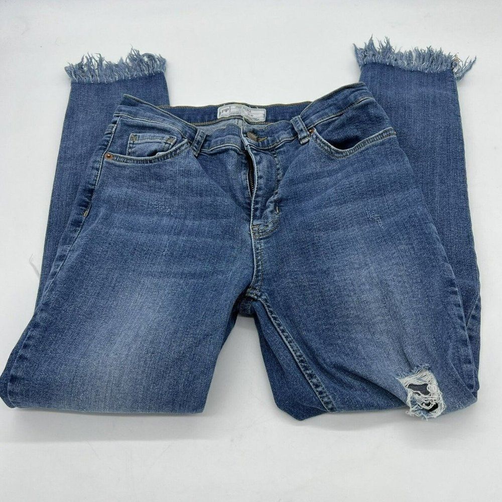 Free People Great Heights Frayed Skinny Jeans Distressed Mid Rise Size 30